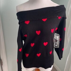 Berek Off-the-Shoulder Black Sweater with Red Hearts